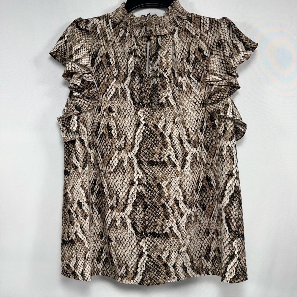 Snake Print 1.STATE Brown Polyester Ruffle Mock Neck Top Size M Medium